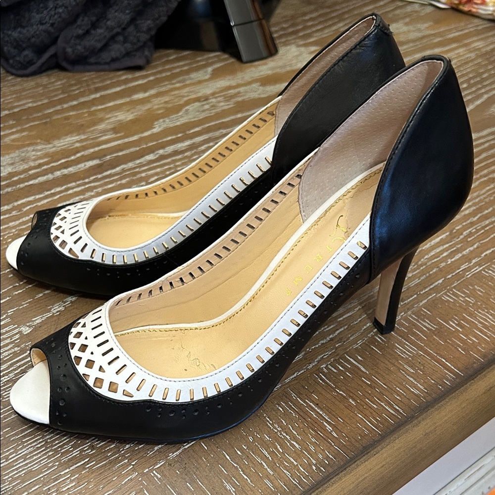 Ivanka Trump Black and White Peep-Toe Heels 8.5M